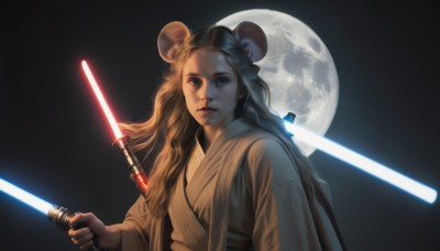 1girl,solo,long hair,looking at viewer,brown hair,black hair,holding,animal ears,brown eyes,upper body,weapon,japanese clothes,sword,kimono,holding weapon,black eyes,lips,cosplay,night,parody,holding sword,moon,full moon,science fiction,robe,realistic,mouse ears,energy sword,lightsaber,animification