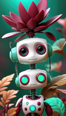 solo,looking at viewer,closed mouth,green eyes,standing,full body,flower,blurry,pokemon (creature),no humans,depth of field,blurry background,headphones,leaf,plant,robot,mecha,green background,straight-on,robot joints,humanoid robot,non-humanoid robot,mechanization,upper body,artist name,signature,watermark,web address,machinery,cable