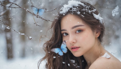 1girl, solo, long hair, looking at viewer, brown hair, bare shoulders, outdoors, parted lips, teeth, blurry, tree, lips, bug, butterfly, portrait, snow, snowing, realistic, nose, branch, winter, blue butterfly