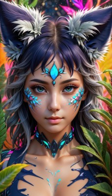 1girl,solo,long hair,breasts,looking at viewer,bangs,blue eyes,black hair,hair ornament,animal ears,cleavage,medium breasts,closed mouth,green eyes,blue hair,collarbone,upper body,multicolored hair,choker,artist name,blurry,aqua eyes,lips,animal ear fluff,fox ears,eyelashes,makeup,leaf,watermark,facial mark,plant,portrait,eyeshadow,freckles,pink lips,nose,forehead jewel,mascara,large breasts,jewelry,earrings,depth of field,close-up