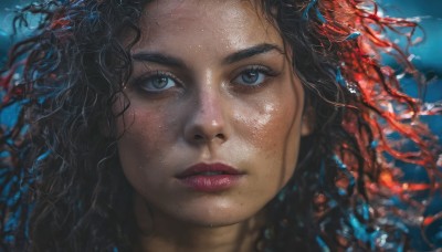 1girl,solo,long hair,looking at viewer,blue eyes,black hair,closed mouth,parted lips,dark skin,water,dark-skinned female,lips,eyelashes,makeup,wavy hair,portrait,close-up,freckles,curly hair,underwater,realistic,nose,red lips,brown eyes,floating hair