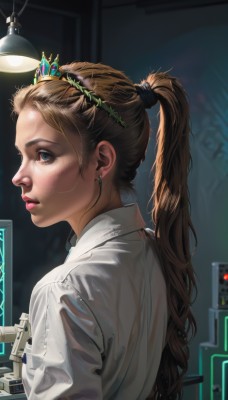 1girl,solo,long hair,looking at viewer,blue eyes,brown hair,shirt,jewelry,white shirt,upper body,ponytail,earrings,parted lips,collared shirt,looking back,indoors,from behind,lips,wet,see-through,profile,tiara,wet clothes,freckles,science fiction,realistic,nose,wet shirt,head wreath,blonde hair,from side,makeup,crown,hair tie,light