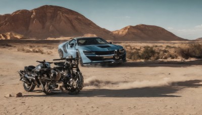 solo,1boy,jacket,weapon,male focus,outdoors,sky,day,blue sky,gun,military,shadow,helmet,ground vehicle,scenery,motor vehicle,science fiction,mountain,realistic,car,road,vehicle focus,motorcycle,mountainous horizon,desert,cloud,no humans,sand,driving,dust