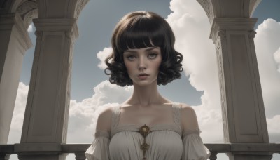 1girl,solo,breasts,looking at viewer,short hair,bangs,brown hair,black hair,dress,bare shoulders,brown eyes,collarbone,upper body,outdoors,parted lips,detached sleeves,sky,day,cloud,blunt bangs,white dress,blue sky,lips,cloudy sky,curly hair,realistic,nose,pillar,column,grey eyes