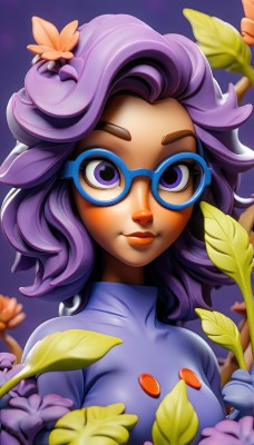 1girl,solo,long hair,breasts,looking at viewer,smile,shirt,hair ornament,medium breasts,closed mouth,purple eyes,upper body,purple hair,flower,glasses,artist name,hair flower,dark skin,dark-skinned female,lips,eyelashes,makeup,leaf,blue shirt,lipstick,eyeshadow,personification,blue-framed eyewear,short hair,turtleneck