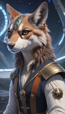 solo,shirt,long sleeves,1boy,animal ears,brown eyes,jewelry,closed mouth,white shirt,upper body,male focus,belt,artist name,signature,armor,vest,no humans,animal,gem,furry,furry male,body fur,animal focus,white fur,animal nose,whiskers,brown fur,blue gemstone,green gemstone,yellow eyes,necklace,animal ear fluff,shoulder armor,black vest,circlet,snout