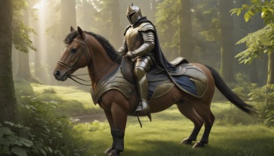 solo,1boy,weapon,male focus,boots,outdoors,day,sword,signature,cape,armor,tree,animal,sunlight,helmet,grass,plant,shoulder armor,gauntlets,nature,scenery,1other,forest,pauldrons,light rays,breastplate,armored boots,riding,greaves,sunbeam,horse,knight,full armor,ambiguous gender,horseback riding,helm,plate armor,reins,saddle,holding,from side,bush