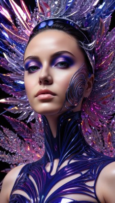 1girl,solo,breasts,looking at viewer,short hair,black hair,bare shoulders,closed mouth,green eyes,upper body,lips,eyelashes,makeup,watermark,lipstick,portrait,eyeshadow,realistic,nose,eyeliner,mascara,blue eyes,hair ornament,purple hair,multicolored hair,expressionless,feathers