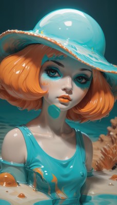 1girl,solo,breasts,looking at viewer,short hair,bangs,blue eyes,hat,dress,bare shoulders,collarbone,upper body,small breasts,parted lips,shiny,artist name,water,orange hair,lips,eyelashes,makeup,blue dress,colored skin,watermark,thick eyebrows,eyeshadow,partially submerged,freckles,fish,sun hat,nose,mascara,shirt,covered nipples,wet,tank top,blue shirt,wet clothes,curly hair,eyeliner,shell,orange skin