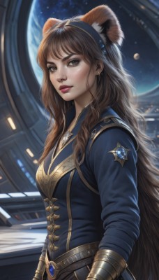 1girl,solo,long hair,breasts,looking at viewer,bangs,brown hair,long sleeves,animal ears,brown eyes,jewelry,very long hair,upper body,hairband,earrings,parted lips,belt,artist name,indoors,cat ears,signature,armor,from side,lips,animal ear fluff,makeup,lipstick,gauntlets,gem,freckles,realistic,nose,red lips,space,planet,earth (planet),medium breasts,fake animal ears