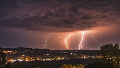 outdoors,sky,cloud,tree,no humans,night,cloudy sky,building,nature,scenery,forest,sunset,mountain,city,horizon,electricity,cityscape,river,lightning,landscape,city lights,water,ocean,grass,night sky,dark,hill