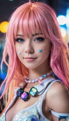 1girl,solo,long hair,breasts,looking at viewer,smile,bangs,blue eyes,cleavage,bare shoulders,jewelry,medium breasts,closed mouth,upper body,pink hair,necklace,star (symbol),blurry,lips,eyelashes,makeup,blurry background,gem,freckles,realistic,nose,pearl necklace,tattoo,facial mark