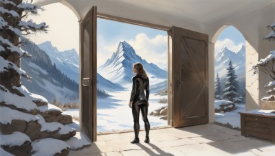 1girl,solo,long hair,blonde hair,brown hair,standing,ass,outdoors,sky,day,looking back,cloud,indoors,from behind,tree,blue sky,window,bodysuit,shadow,scenery,skin tight,snow,mountain,door,black bodysuit,winter,open door,wide shot