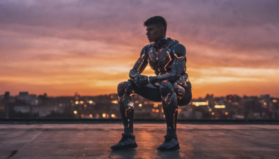 solo, short hair, black hair, 1boy, sitting, male focus, outdoors, sky, science fiction, sunset, mechanical arms, cyborg