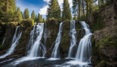 outdoors,sky,day,cloud,water,tree,blue sky,no humans,cloudy sky,nature,scenery,forest,rock,mountain,river,waterfall,landscape,cliff,signature