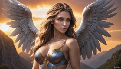 1girl,solo,long hair,breasts,looking at viewer,blue eyes,blonde hair,brown hair,cleavage,bare shoulders,medium breasts,collarbone,upper body,outdoors,parted lips,wings,sky,artist name,cloud,armor,blurry,lips,blurry background,watermark,wavy hair,sunlight,tiara,feathered wings,backlighting,sunset,angel wings,mountain,nose,white wings,sun,angel,underwear,bra,crown