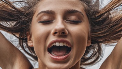 1girl,solo,long hair,open mouth,brown hair,closed eyes,lying,teeth,tongue,on back,arms up,lips,upper teeth only,portrait,facing viewer,close-up,realistic,nose,1boy,nude,armpits,eyelashes,parody,thick eyebrows,uvula