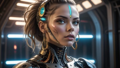 HQ,1girl,solo,looking at viewer,short hair,brown hair,brown eyes,jewelry,green eyes,ponytail,earrings,parted lips,indoors,dark skin,blurry,dark-skinned female,lips,eyelashes,makeup,blurry background,facial mark,portrait,forehead,science fiction,hoop earrings,realistic,nose,android,cable,forehead jewel,cyborg,cyberpunk,earpiece,teeth,headgear,lipstick,close-up,eyeshadow,headset,backlighting,eyeliner,hair pulled back,very dark skin