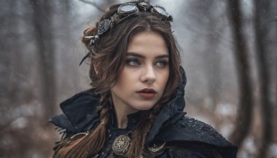 1girl,solo,long hair,blue eyes,brown hair,twintails,jewelry,braid,outdoors,parted lips,artist name,armor,blurry,twin braids,tree,lips,looking to the side,depth of field,blurry background,looking away,goggles,portrait,nature,snow,forest,freckles,goggles on head,snowing,realistic,nose,red lips,looking afar,winter,teeth,signature,grey eyes,hair over shoulder,bare tree