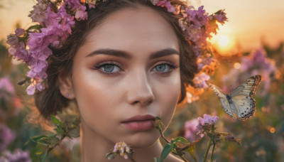 1girl, solo, looking at viewer, short hair, blue eyes, brown hair, hair ornament, jewelry, flower, earrings, hair flower, blurry, lips, grey eyes, eyelashes, depth of field, blurry background, bug, butterfly, portrait, realistic, nose