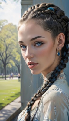 1girl,solo,long hair,breasts,looking at viewer,blue eyes,brown hair,black hair,hair ornament,dress,jewelry,upper body,braid,earrings,outdoors,parted lips,teeth,solo focus,choker,day,necklace,white dress,blurry,twin braids,from side,tree,lips,see-through,looking to the side,eyelashes,single braid,makeup,depth of field,blurry background,sunlight,grass,gem,portrait,hair over shoulder,freckles,realistic,nose,red lips,dappled sunlight,mascara,multiple braids,blue hair,multicolored hair,sky,signature,bra,two-tone hair,blue sky,streaked hair,blue dress,piercing,ear piercing,lace,forehead,blue gemstone