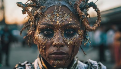 1girl,solo,looking at viewer,hair ornament,1boy,brown eyes,jewelry,closed mouth,blue hair,male focus,parted lips,solo focus,artist name,dark skin,blurry,black eyes,dark-skinned female,depth of field,blurry background,facial mark,dark-skinned male,portrait,straight-on,very dark skin,dreadlocks,short hair,black hair,lips,realistic,gold