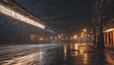 outdoors,sky,water,english text,no humans,window,night,building,night sky,scenery,reflection,rain,city,sign,light,road,bench,lamppost,street,puddle,lights,train station,dark,power lines,city lights,real world location,vanishing point