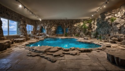 outdoors,sky,day,cloud,indoors,water,tree,blue sky,no humans,window,ocean,sunlight,plant,scenery,rock,fantasy,watercraft,ruins,pillar,boat,cloudy sky,stairs,arch,overgrown