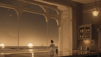 1girl,solo,short hair,black hair,dress,bare shoulders,standing,monochrome,sky,indoors,water,hair bun,from behind,white dress,cup,window,night,ocean,back,table,single hair bun,bottle,star (sky),night sky,scenery,starry sky,reflection,backless outfit,horizon,facing away,light,lamp,watercraft,backless dress,stool,sepia,boat