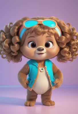 1girl,solo,looking at viewer,smile,open mouth,simple background,brown hair,animal ears,brown eyes,jewelry,standing,full body,open clothes,sleeveless,artist name,dark skin,necklace,vest,lips,sunglasses,goggles,eyewear on head,furry,purple background,curly hair,goggles on head,hands on hips,furry female,female child,blue vest,body fur,animal nose,open vest,white-framed eyewear,short hair,shirt,jacket,hairband,parted lips,teeth,hood,open jacket,dark-skinned female,eyelashes,buttons,watermark,blue jacket,zipper,unzipped,sleeveless jacket,brown fur