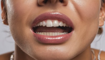 1girl,solo,smile,open mouth,brown hair,1boy,jewelry,male focus,teeth,shiny,necklace,blurry,lips,shiny skin,depth of field,blurry background,portrait,close-up,realistic,nose,looking at viewer,tongue,english text,parody,beads,pearl necklace