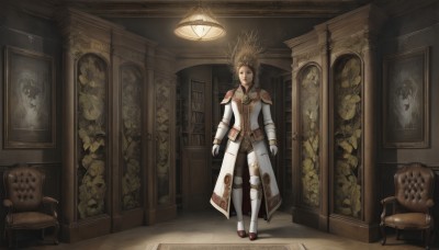 1girl,solo,looking at viewer,short hair,blonde hair,brown hair,gloves,1boy,brown eyes,standing,full body,male focus,boots,belt,indoors,white gloves,armor,coat,chair,shoulder armor,pauldrons,door,arms at sides,greaves,armchair,painting (object),blue eyes,pants,table,scenery,epaulettes,fantasy,white coat,light,lamp,chandelier