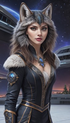 1girl,solo,long hair,breasts,looking at viewer,brown hair,animal ears,cleavage,brown eyes,jewelry,medium breasts,outdoors,parted lips,sky,artist name,signature,necklace,tree,lips,grey eyes,fur trim,makeup,night,lipstick,brooch,gem,star (sky),night sky,pendant,starry sky,nose,red lips,pine tree,hood,wolf ears,realistic,space,planet