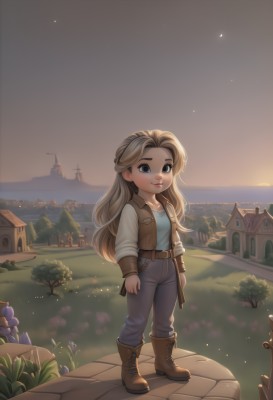 1girl,solo,long hair,looking at viewer,smile,blue eyes,blonde hair,shirt,long sleeves,brown eyes,standing,full body,weapon,flower,boots,outdoors,sky,belt,pants,water,vest,tree,lips,brown footwear,grass,blue shirt,building,sunset,brown belt,house,town,jacket,artist name,ocean,thick eyebrows,aged down,denim,child,cross-laced footwear,watercraft,windmill