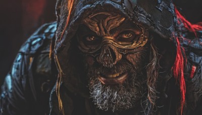 solo,looking at viewer,smile,1boy,brown eyes,upper body,male focus,hood,armor,blurry,mask,facial hair,helmet,portrait,beard,hood up,realistic,teeth,orange eyes,colored sclera