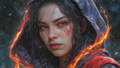 1girl,solo,long hair,looking at viewer,black hair,brown eyes,yellow eyes,parted lips,teeth,artist name,signature,hood,lips,blood,fire,portrait,hood up,freckles,blood on face,snowing,realistic,nose,red lips,embers,short hair,bangs,jewelry,earrings,outdoors,eyelashes,snow,close-up,forehead,facepaint,red hood