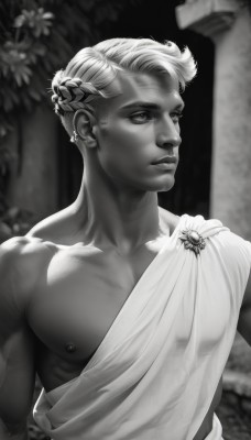 solo,short hair,1boy,jewelry,closed mouth,nipples,collarbone,monochrome,upper body,flower,greyscale,male focus,earrings,artist name,blurry,lips,looking to the side,muscular,blurry background,piercing,pectorals,muscular male,realistic,nose,bare pectorals,pillar,single bare shoulder,statue,laurel crown,column,greek clothes,braid,scar,looking away,robe,nipple piercing