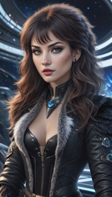 1girl,solo,long hair,breasts,looking at viewer,brown hair,long sleeves,cleavage,jewelry,medium breasts,jacket,upper body,earrings,small breasts,parted lips,open clothes,belt,mole,lips,coat,black jacket,grey eyes,fur trim,mole under eye,makeup,wavy hair,lipstick,freckles,realistic,nose,red lips,bangs,black hair,brown eyes,artist name,necklace