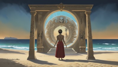 1girl,solo,long hair,looking at viewer,skirt,black hair,hair ornament,dress,jewelry,standing,flower,outdoors,sky,barefoot,cloud,hair flower,dark skin,water,from behind,dark-skinned female,shadow,red skirt,ocean,beach,scenery,sunset,long skirt,stairs,sand,horizon,wide shot,pillar,statue,bare shoulders,weapon,colored skin,back,red dress,red flower,long dress,head wreath,grey skin,waves,greek clothes