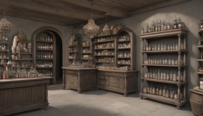 indoors,no humans,shadow,bottle,plant,scenery,basket,wall,shelf,wine bottle,jar,shop,bar (place),counter,barrel,ceiling light,fantasy,tiles,candle,statue,cabinet,chandelier