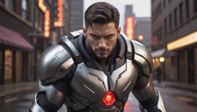 solo,looking at viewer,smile,short hair,brown hair,black hair,1boy,brown eyes,closed mouth,upper body,male focus,outdoors,armor,blurry,blurry background,facial hair,building,beard,science fiction,city,realistic,stubble,undercut,power armor,bodysuit,muscular,street