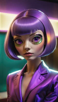 1girl,solo,looking at viewer,short hair,bangs,closed mouth,purple eyes,jacket,upper body,purple hair,multicolored hair,blunt bangs,lips,eyelashes,makeup,formal,bob cut,suit,lipstick,eyeshadow,freckles,nose,eyeliner,purple jacket,chalkboard,mascara,collarbone,parted lips,artist name,thick eyebrows