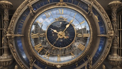 solo,sky,cloud,blue sky,no humans,building,star (sky),scenery,clock,architecture,pillar,gears,tower,roman numeral,outdoors,day,indoors,starry sky,watch,fantasy,pocket watch,still life,analog clock,hourglass