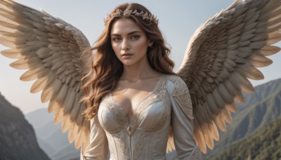 1girl,solo,long hair,breasts,looking at viewer,large breasts,brown hair,long sleeves,dress,cleavage,brown eyes,medium breasts,collarbone,upper body,outdoors,parted lips,wings,sky,day,white dress,blurry,lips,blurry background,wavy hair,feathered wings,angel wings,mountain,realistic,nose,white wings,angel,head wreath,jewelry,earrings,blue sky,sunlight,tiara,backlighting