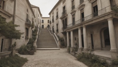 outdoors,day,tree,no humans,window,grass,plant,building,scenery,stairs,door,potted plant,road,bush,pillar,statue,sky,architecture,house,arch,stone stairs