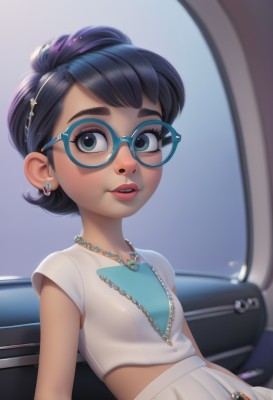 1girl,solo,breasts,looking at viewer,smile,short hair,bangs,blue eyes,skirt,shirt,black hair,hair ornament,jewelry,sitting,white shirt,upper body,short sleeves,hairband,earrings,small breasts,parted lips,glasses,teeth,hairclip,midriff,artist name,dark skin,necklace,star (symbol),dark-skinned female,lips,crop top,eyelashes,makeup,watermark,thick eyebrows,white skirt,lipstick,ground vehicle,child,web address,motor vehicle,freckles,pink lips,nose,female child,car,stud earrings,cropped shirt,blue-framed eyewear,car interior,heart,piercing,nose piercing