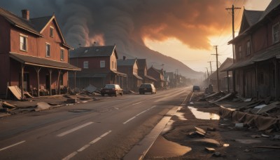 outdoors,sky,cloud,no humans,window,ground vehicle,building,scenery,motor vehicle,smoke,sunset,mountain,city,fence,car,road,house,power lines,lamppost,street,utility pole,town,truck,sunlight,cloudy sky,ruins,evening,debris,destruction,vanishing point