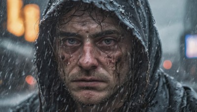 solo,looking at viewer,black hair,1boy,closed mouth,male focus,outdoors,artist name,hood,blurry,black eyes,wet,grey eyes,depth of field,blurry background,facial hair,portrait,beard,hood up,rain,realistic,stubble,wet hair,jacket,water,night,watermark,scar,thick eyebrows,wet clothes,hooded jacket,web address,scar on face,close-up