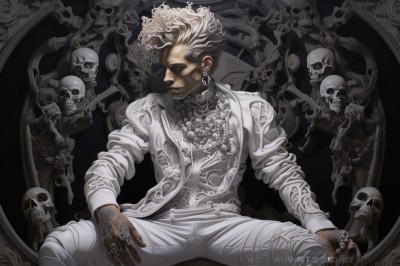 solo,short hair,shirt,long sleeves,1boy,jewelry,sitting,closed mouth,jacket,closed eyes,white shirt,white hair,male focus,earrings,open clothes,pants,artist name,dark skin,spread legs,tattoo,profile,watermark,piercing,formal,dark-skinned male,ring,white jacket,suit,cross,ear piercing,web address,skull,white pants,skeleton,bone,multiple rings,neck tattoo,multicolored hair,necklace,open jacket,looking to the side,chain,black background,mohawk,afro