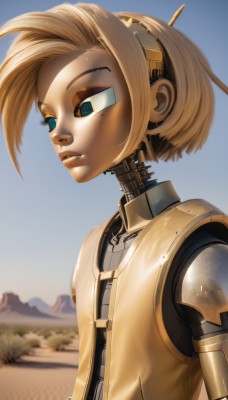 1girl,solo,short hair,blue eyes,blonde hair,upper body,hairband,outdoors,parted lips,sky,day,blurry,flat chest,blue sky,lips,blurry background,headgear,robot,science fiction,android,joints,cyborg,robot joints,desert,mole,from side,aqua eyes,eyelashes,makeup,eyeshadow,nose,humanoid robot